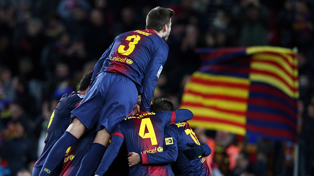 Barça players celebrate a goal against Athletic Club / PHOTO: MIGUEL RUIZ-FCB