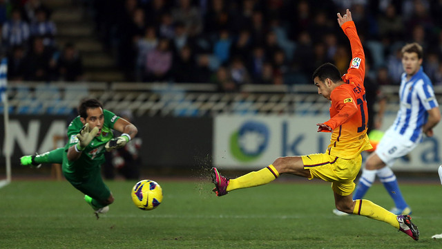 Pedro, marcant contra la Reial Societat. FOTO: MIGUEL RUIZ-FCB.