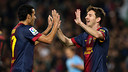 Pedro and Messi celebrate a goal against Zaragoza (3-1) / PHOTO: ARCHIVE FCB