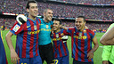 Busquets, Valdés, Pedro i Thiago celebren la Lliga 2009/10 / FOTO: ARXIU FCB