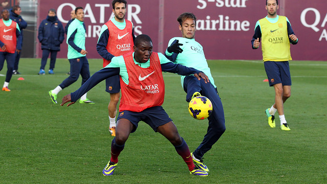 Dongou and Neymar Jr during training on Thursday/ PHOTO: MIGUEL RUIZ-FCB