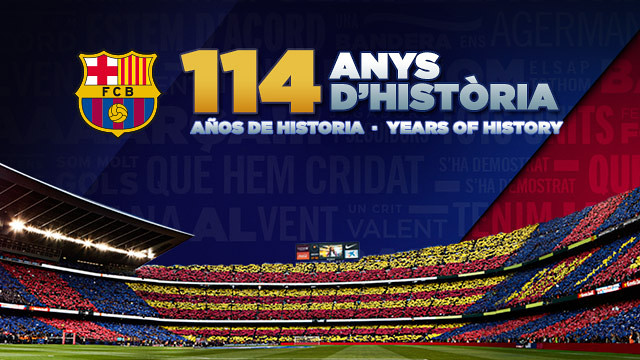 the Barça badge, view of the Camp Nou and the words 114 years of history
