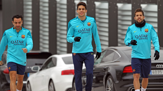 Marc Bartra, Jordi Alba and Xavi walking to training