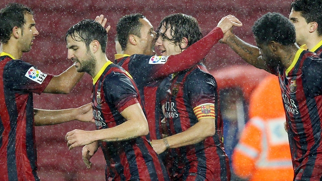 Gol de Puyol contra el Llevant. FOTO: MIGUEL RUIZ-FCB.